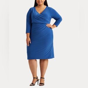 Lauren Ralph Lauren Ruched Jersey Surplice Royal Blue Faux Wrap Dress 18W Plus